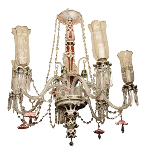 Bohemian Green Ruby Red and White Overlay Glass Chandelier
