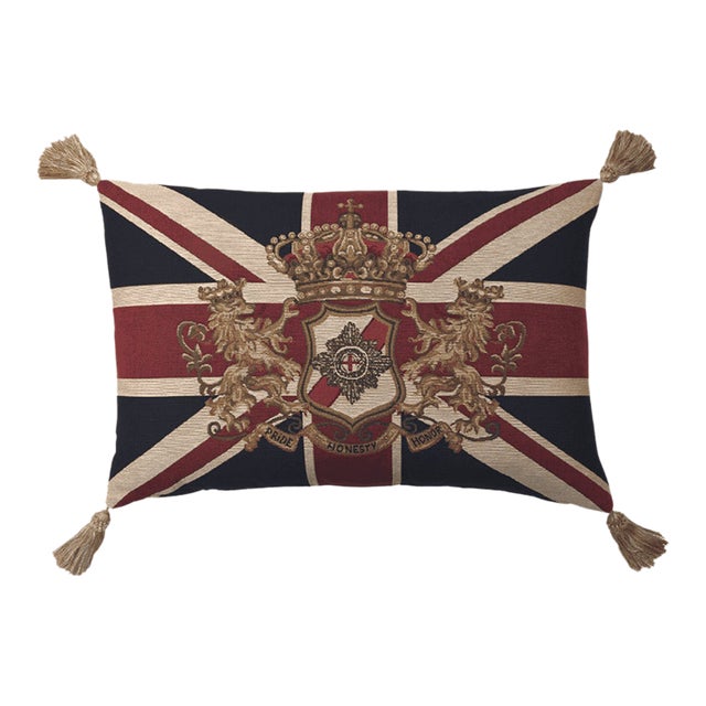Union Jack Crest Large Tapestry Cushion With Tassels With Feather Filler - 45x70cm (18”x27”) For Sale