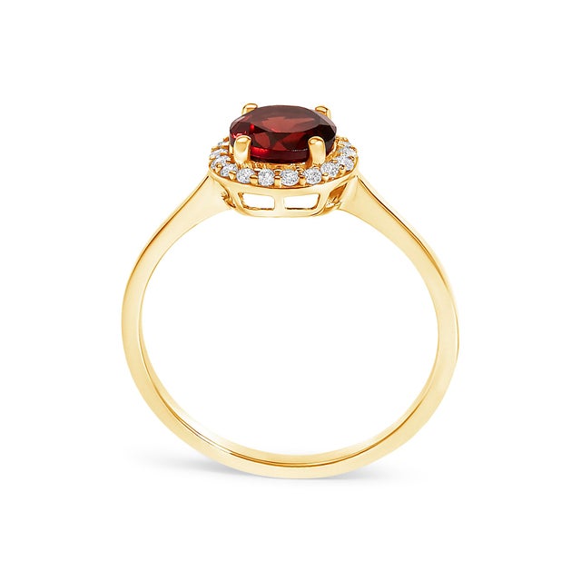 Early 21st Century 10K Yellow Gold Red Garnet and 1/10 Cttw Diamond Halo Ring For Sale - Image 5 of 7
