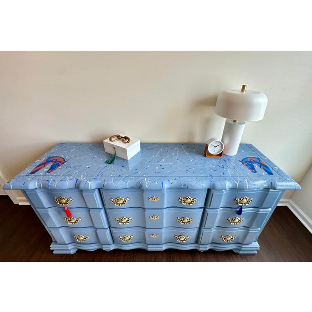 Mid-Century Modern 1970s Large Blue Gray Double Dresser – Contemporary Glam Style For Sale - Image 3 of 14