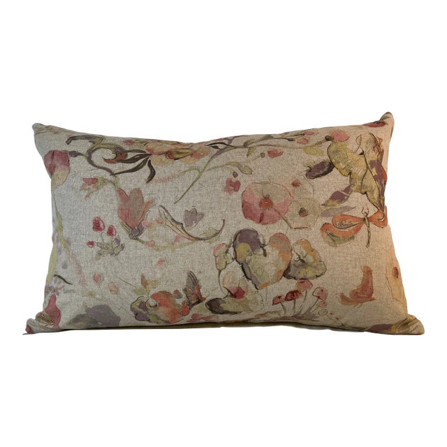 Large Bolster Pillow Decorated With a Delicate Water Color Look Floral Pattern of Soft Pinks, Greens & Oranges - Made in the U K For Sale