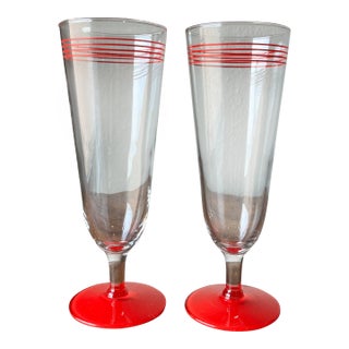 Mid-Century Style Red Striped Crystal Pilsner Footed Glasses- Set of 2 For Sale