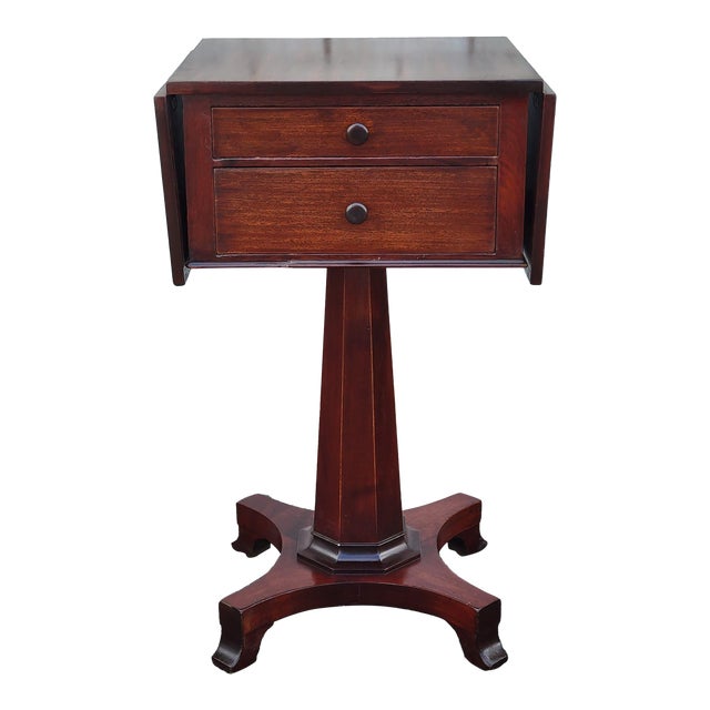 1940s Mahogany Empire Drop Leaf End Table With Two Drawers For Sale