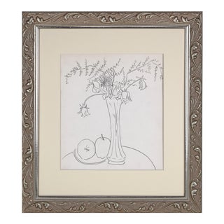 Vintage Mid Century Modernist Floral Still Life Drawing With Fruit by Achillo Sullo C. 1950s For Sale