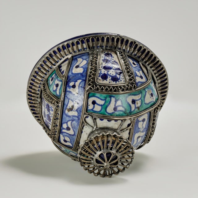 Vintage Moroccan Earthenware and Metal Lidded Urn For Sale - Image 10 of 12