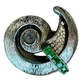 Vintage Silver Spiral Brooch With Green Detail For Sale