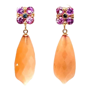 17.61 Carat Peach Moonstone Sapphire Rose Gold Drop Earrings - a Pair