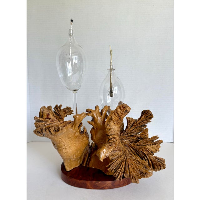 1970s Organic Modern Burl Wood Sculptural Double Oil Lamp Centerpiece For Sale - Image 9 of 11