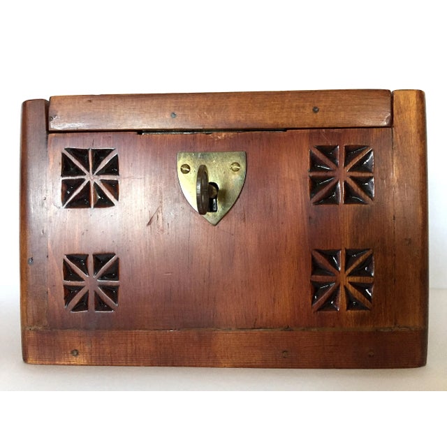 Offered is a splendidly chipped alternating geometric patterns on a locking hinged wood box [with key], interior lined...