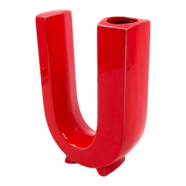 Space Age Red U Letter Shaped Ceramic Solifleur Vase, Marcel Radureau Ca. 1970 For Sale