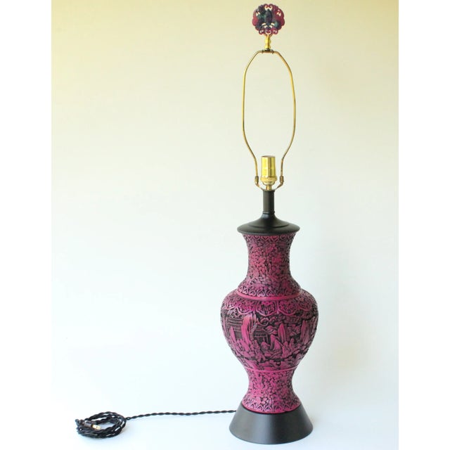 Asian Vintage Cinnabar Style Table Lamp For Sale - Image 3 of 9