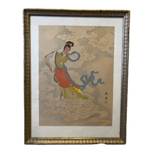 Vintage Mid-Century Chinese "Celestial Maiden" Silk Painting Signed Zheng Qing