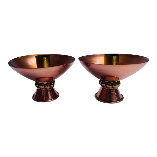 Mid Century Brass and Copper Candleholders For Sale
