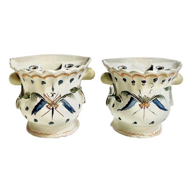 Antique Matched Pair of French Faience Flower Frogs or Moustiers For Sale