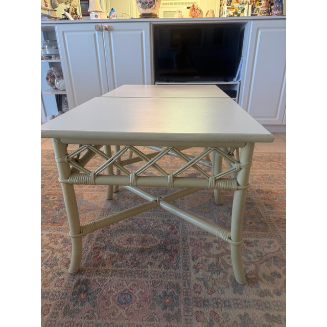 The pieces were purchased in 1986. Ficks Reed distressed pineapple bamboo side table comes from a set. They are also...