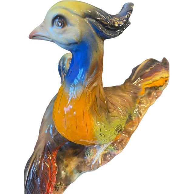 Vintage Large Italian Colorful Glazed Porcelain Pheasant Couple Sculpture For Sale - Image 9 of 13