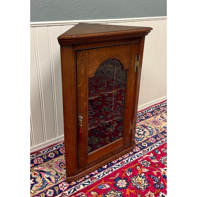 Antique English Corner Cabinet Carved Oak Hanging Wall Cabinet Storage c.1920s For Sale - Image 13 of 18