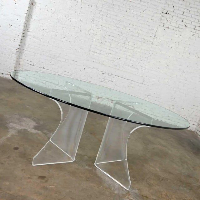 Art Deco Vintage Modern to Hollywood Regency or Art Deco Dining Table Lucite Sculptural Base Oval Glass Top For Sale - Image 3 of 18