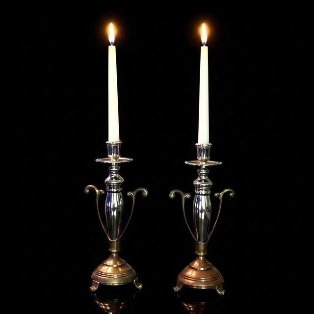 Vintage Two Tone Candlesticks-Silver Plate-Copper-Brass-Pair-Metal-Taper Holders For Sale - Image 6 of 11
