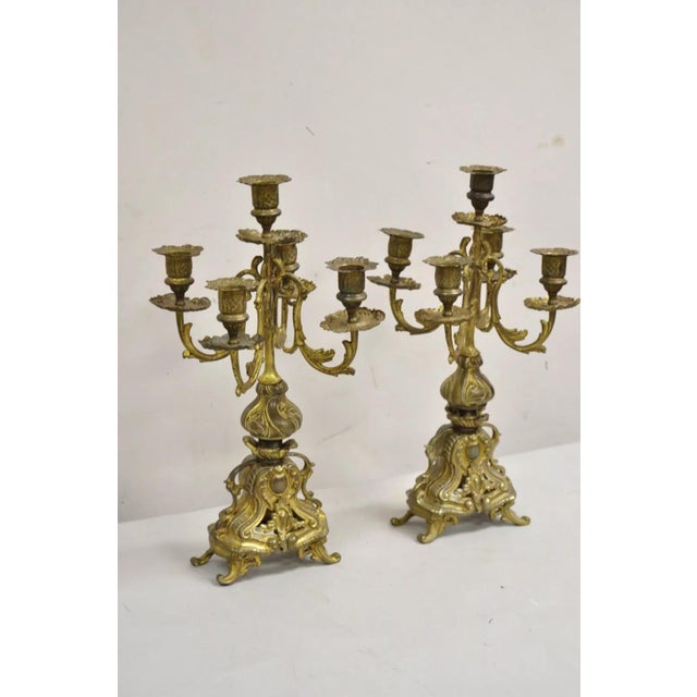Vintage French Rococo Louis XV Style Small Ornate Brass Candelabra - A Pair For Sale - Image 11 of 11