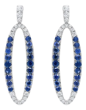 18K White Gold 1.11 Cttw Blue Round Diamond and Blue Sapphire Openwork Oval Shaped Dangle Earrings (F-G Color, VS1-VS2 Clarity)