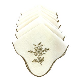 Vintage Linen Beige Embroidered Cocktail Napkin, Set of 8 For Sale