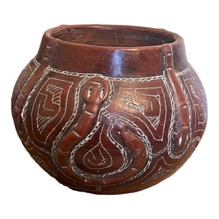Vintage Brazilian Amazonian Handmade Etched Pottery Vase For Sale