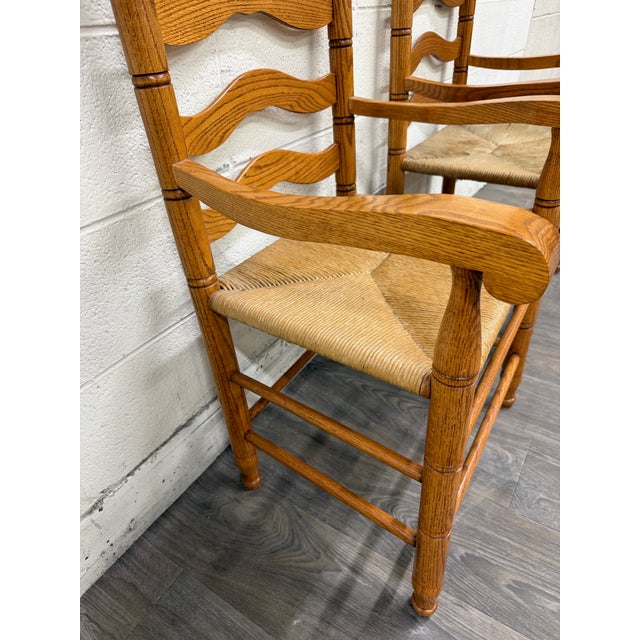 Late 20th Century Vintage Country French Style Solid Oak Ladder Back Handwoven Rush Seat Armchairs For Sale - Image 5 of 10