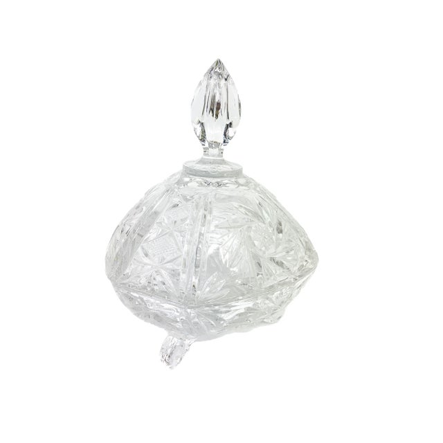 Transparent Vintage Cut Crystal 3 Leg Swirled Star Pinwheel Design Covered Candy Dish For Sale - Image 8 of 10