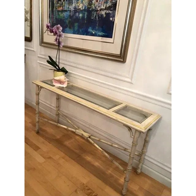 Altavista Lane Virginia USA Faux Bamboo Console Sofa Hall Table, c. 1960s. Chinoiserie-style frame is lightly distressed...
