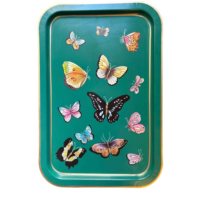 Contemporary Rectangular Tray in Enameled Metal and Hand-Decorated Butterflies by Les Ottomans For Sale - Image 3 of 4