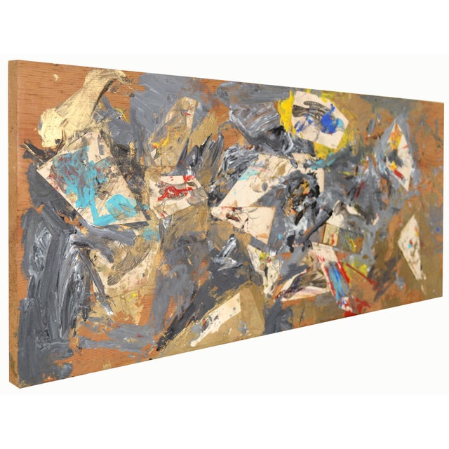 Abstract expressionist found object assemblage on wood with highly expressive silver and gold paint by Bay Area artist...