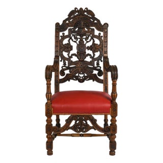Antique Italian Carved Walnut Figural Throne Chair With Red Leather Seat For Sale