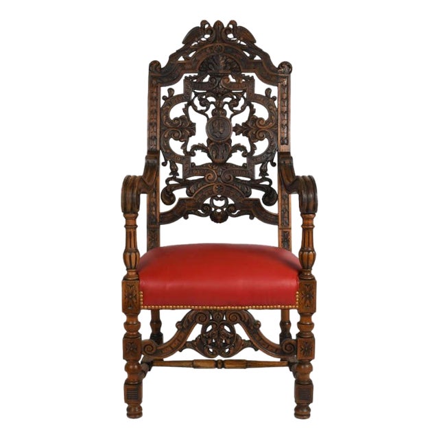 Antique Italian Carved Walnut Figural Throne Chair With Red Leather Seat For Sale