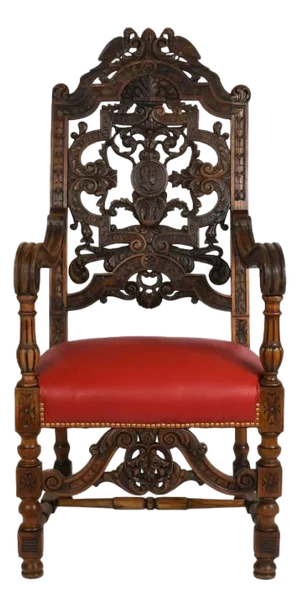 Antique Italian Carved Walnut Figural Throne Chair With Red Leather Seat