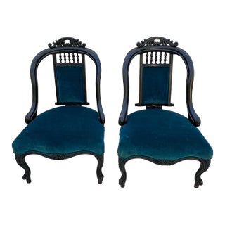 Early 20th Century Victorian Hand Carved Wood Framed Chairs With Blue Velvet Upholstery- a Pair For Sale