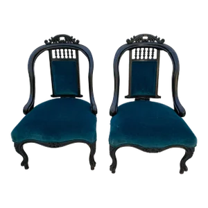 Early 20th Century Victorian Hand Carved Wood Framed Chairs With Blue Velvet Upholstery- a Pair