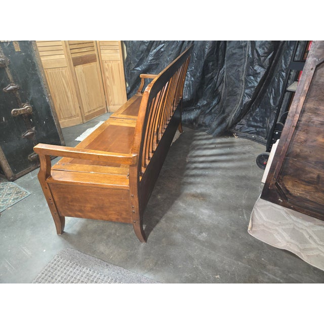 1990s Bernhardt Furniture "Bandini" Arts & Crafts Oak Storage Settle Bench For Sale - Image 9 of 11
