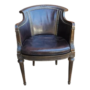Mid Century Empire Leather Upholstered and Nailhead Studded Mahogany Arm Chair