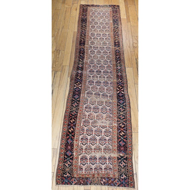 19th Century Persian Bidjar Runner, Hand-Knotted Wool, Allover Paisley Pattern, Ivory & Navy, 3x13 For Sale In Chicago - Image 6 of 14