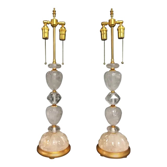 Pair of Rock Crystal Table Lamps with Giltwood Bases, Italy, 1970s For Sale