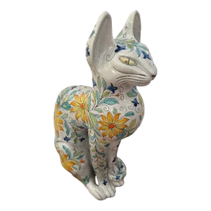 Egyptian Inspired Sgraffito Glazed Terracotta Cat With Floral Decoration