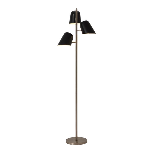 1960s Nova of California Culver 3-Lighting Brass Floor Lamp - Weathered Brass, Matte Black Shades For Sale