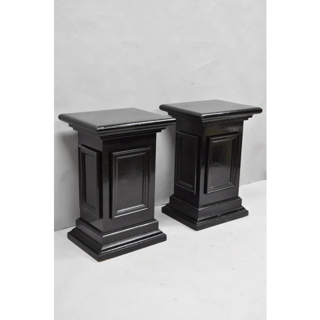 Vintage French Empire Style Black Lacquer Painted Pedestal Column End Table Pair For Sale - Image 4 of 18