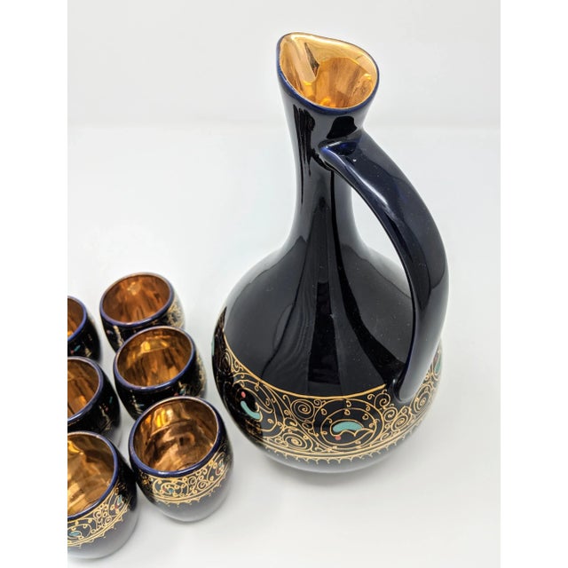 Ceramic Vintage 1980s Regency Navy Blue and Gold Carafe & Shot Glass Set - 7 Pieces For Sale - Image 7 of 13