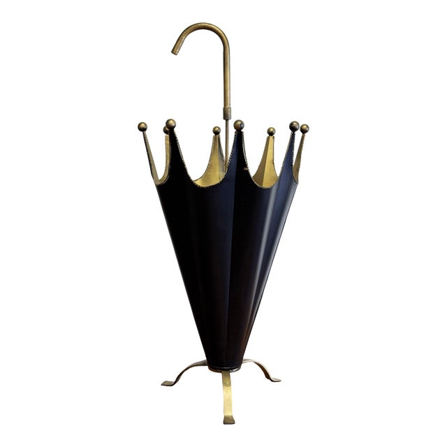 Vintage Metal Black and Gold Umbrella Motif Umbrella Stand For Sale