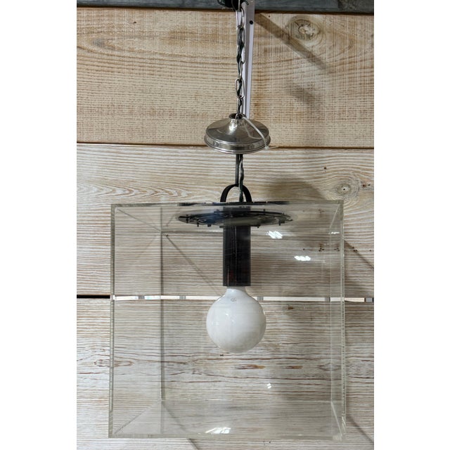 Modern 16-Inch Cube Minimalist Lucite Chandelier/Pendant USA, Circa 1970s This modern 16-inch cube minimalist Lucite...