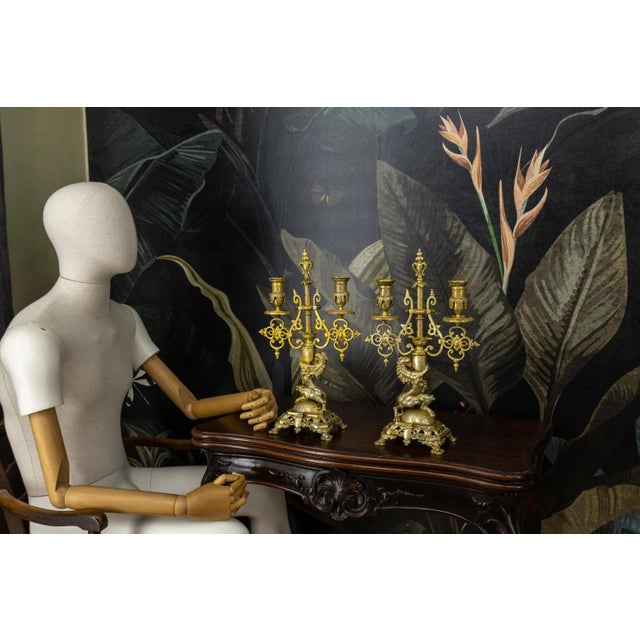 Neo-Gothic French Bronze Candelabras with Heraldic Lions, 1920s, Set of 2 For Sale - Image 4 of 18