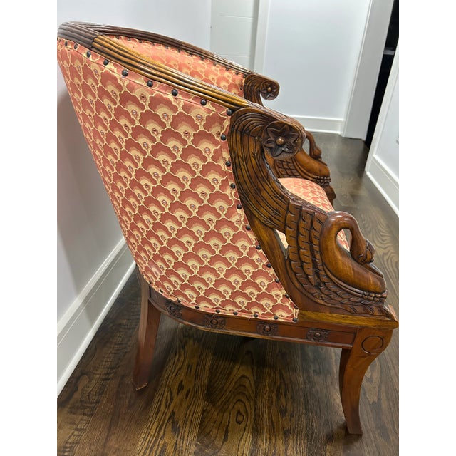 Art Deco 1940 Carved Wood Swan Barrel Chair For Sale - Image 3 of 10