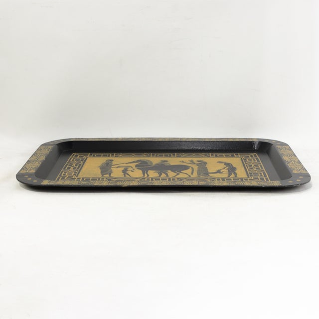 Traditional Vintage Hand Painted Egyptian Revival Tole Tray Black and Gold Pharaoh Motif Rectangular Serving Tray For Sale - Image 3 of 12
